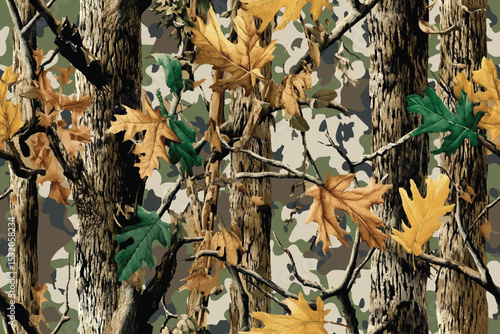 Camouflage design. Seamless pattern. Hunting camouflage pattern. Woodland. Digital camouflage. Real tree hunting pattern. Vector camo. Forest background. Jungle texture. Abstract