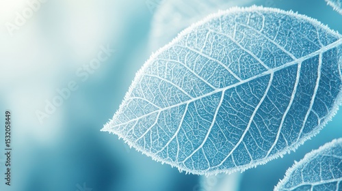 A close-up of a stylized frost-covered leaf, with its veins outlined by delicate ice crystals, set against a blurred, cool-toned background.