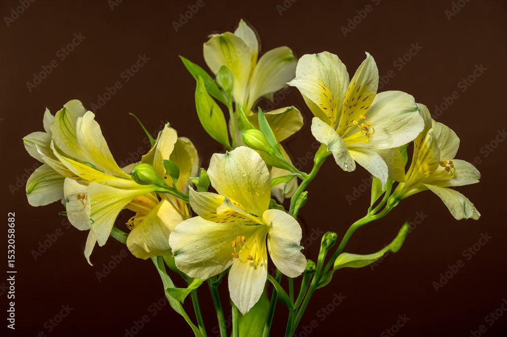 Obraz premium Gentle Yellow Alstroemeria Flowers on a Warm Brown Background