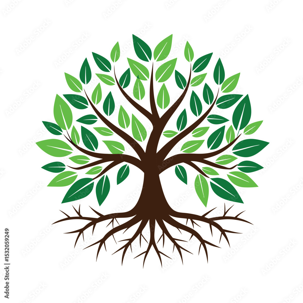 Fototapeta premium Tree roots, leaves vector icon