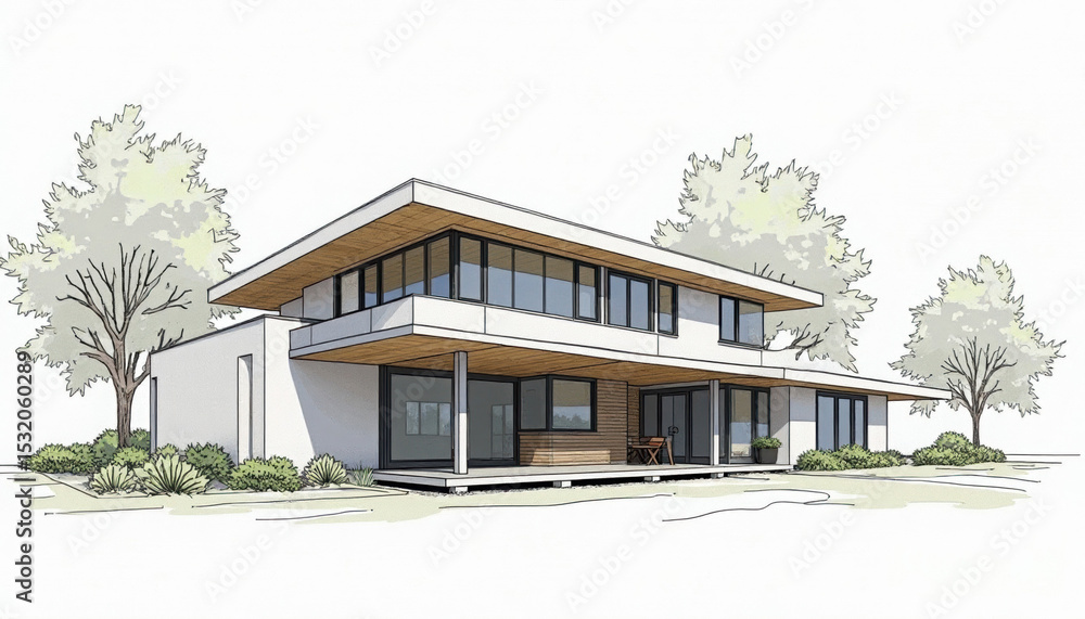 Fototapeta premium A modern two-story home is shown with clean lines and a flat roof surrounded by trees outdoors.