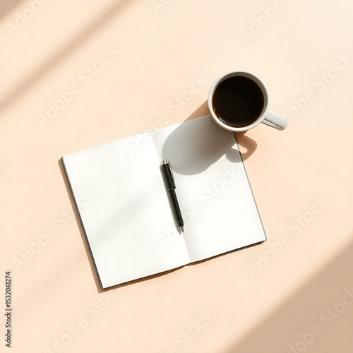 Cup of coffee with blank notepad and pen on a wooden desk for morning work with natural light shadow simple minimalist workspace