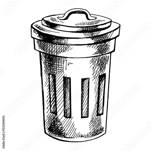 Monochrome hand drawn sketch of trash container. Segregate waste.⁠
