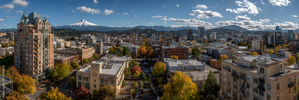 Fototapeta premium Downtown Vancouver Washington. Classic Panoramic View of Portland Skyline on a Sunny Fall Day with Fall Foliage and Iconic Mount Hood, USA