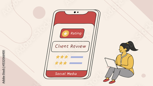 Illustration of a woman using a laptop while viewing client reviews on a mobile phone screen display