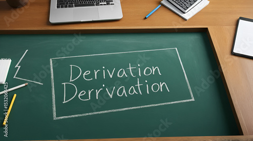 College chalk desk with the word derivation written on in
