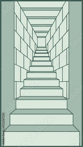 Geometric perspective illustration of stairs and stone walls against a light background