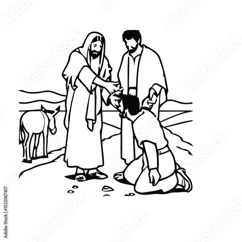 Historical biblical scene depicting a moment of blessing, healing, or anointing, featuring three figures and a donkey in a scenic landscape.