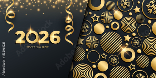 2026 Happy New Year festive banner with golden Christmas balls, stars and snowflakes. Glittering sparks and serpentine ribbons. Black and gold colors. Vector illustration.
