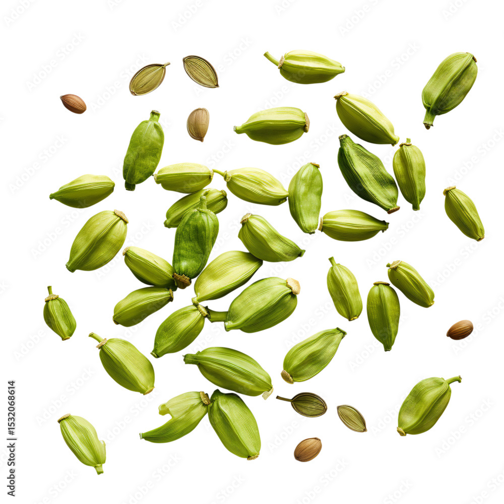 Naklejka premium Top View of Green Cardamom Pods and Seeds – Herbal Spice Composition