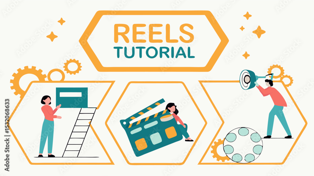 Fototapeta premium Illustration of reels tutorial with people, film slate, ladder, and megaphone in orange hexagons