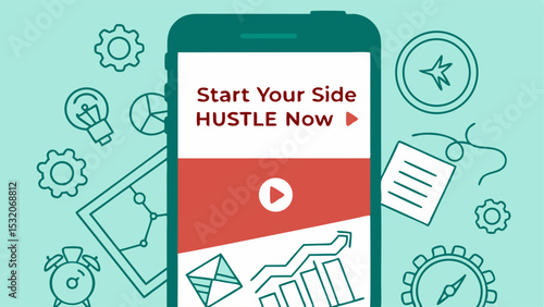Smartphone displaying start your side hustle now message with surrounding business themed line art icons