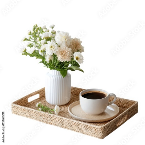 White flowers coffee tray scene isolated on white background