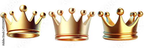 Three golden crowns arranged in a horizontal line up on transparent background