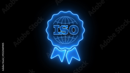 Glowing neon ISO standards quality digital icon. International Organization for Standardization sign and symbol. Requirements, certification, management, standards. 