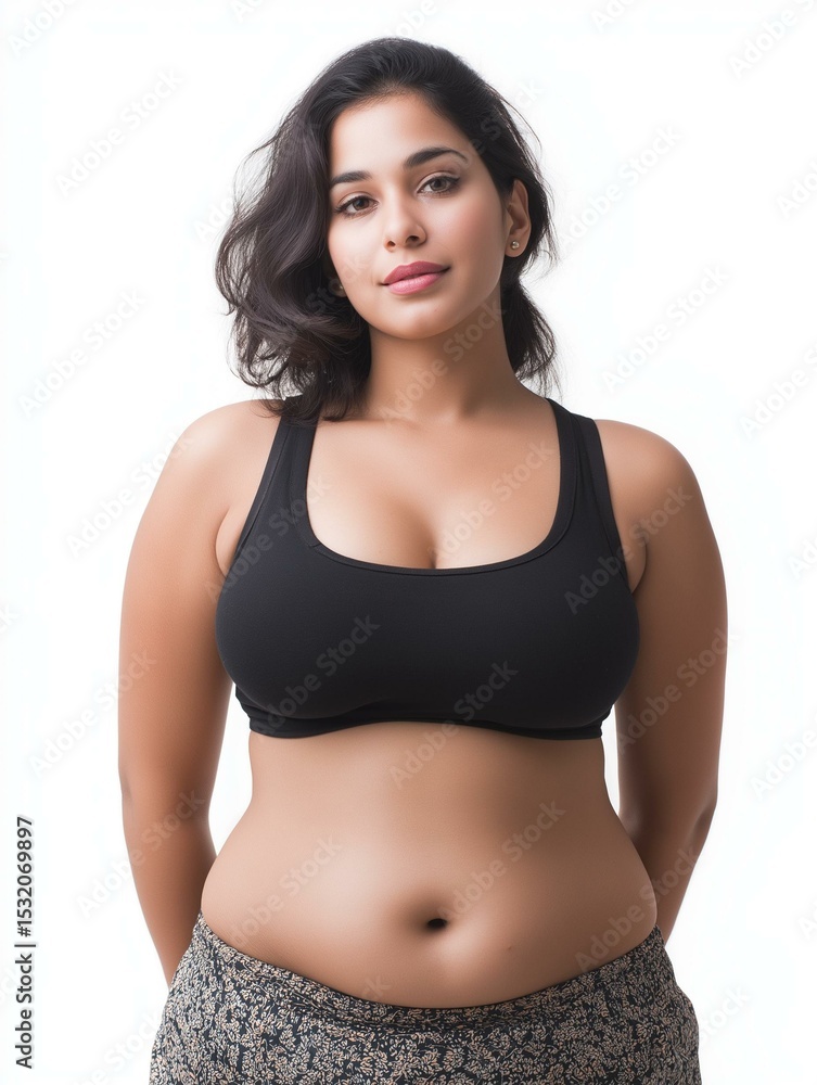 Fototapeta premium Confident woman posing in casual outfit, celebrating body positivity and self-love. Emphasizing natural beauty.