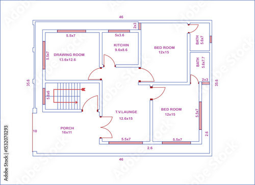 Detailed architectural vector floor plan of a modern residential house with porch, kitchen, drawing room, two bedrooms and attached bathrooms layout.