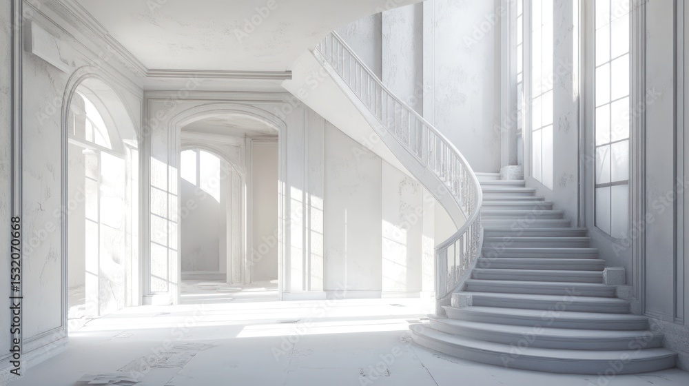Fototapeta premium Sunlit White Staircase in a Grand Mansion