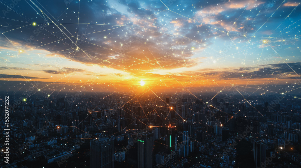Fototapeta premium Smart city with connection network reciprocity over the cityscape social media networking systems that connects on the peak of success amid tall, innovative Smart city and graphs with statistics to a