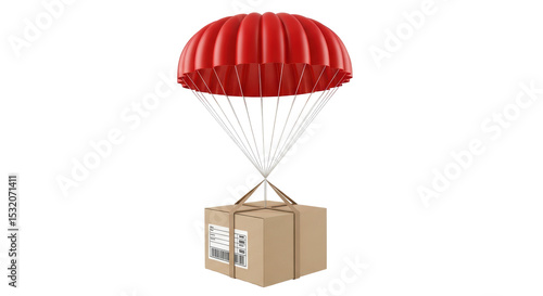 Isolated Cardboard Box Suspended by Red Parachute