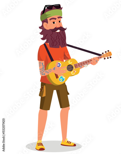 Hippie Street Musician with Guitar, Colorful and Free-Spirited Illustration