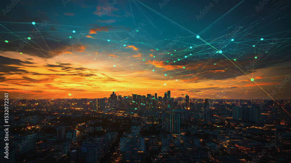 Fototapeta premium Smart city with connection network reciprocity over the cityscape social media networking systems that connects on the peak of success amid tall, innovative Smart city and graphs with statistics to a