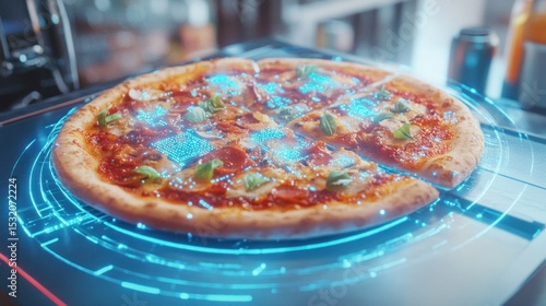 Futuristic pizza on a digital cooking surface