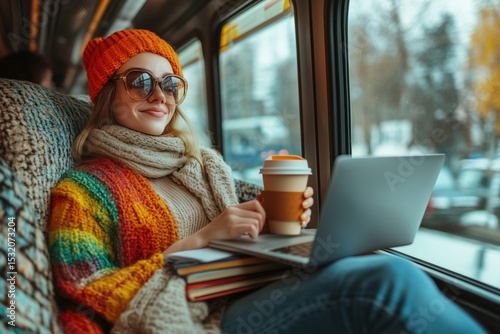 Creative freelancer working on laptop with coffee during cozy winter train ride