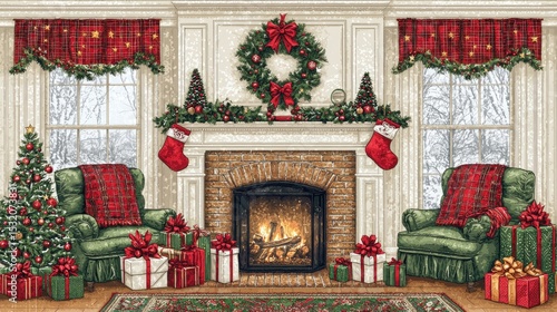 Christmas Decorated Fireplace with Gifts and Tree