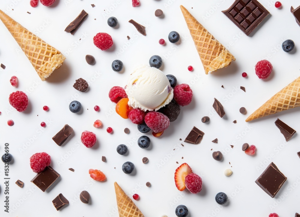 colorful ice cream with berries and chocolate in waffle cones, top view on white background colorful ice cream with berries and chocolate in waffle cones, top view on white background
