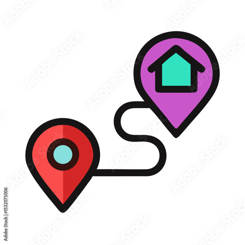 Location markers indicating a route with home symbol in illustration  