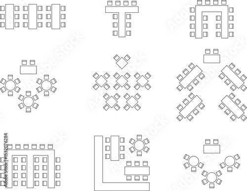 Seat plan icon set, Home, restaurant, seminar, school, top view, chair and table, V shape, architectural plan with blueprint, customizable stroke, vector, illustration	
