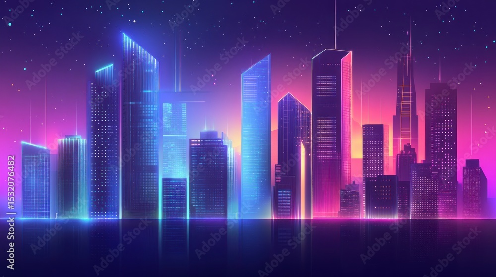 Neon cityscape at night. Modern metropolis with vibrant glowing skyscrapers reflected in water Neon cityscape at night. Modern metropolis with vibrant glowing skyscrapers reflected in water