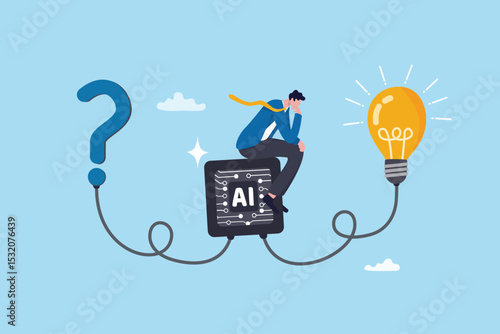 Artificial Intelligence, AI to help solving problem, innovation to develop idea, solution or automation, AI support or advice concept, businessman on AI chip help solving problem with lightbulb idea.
