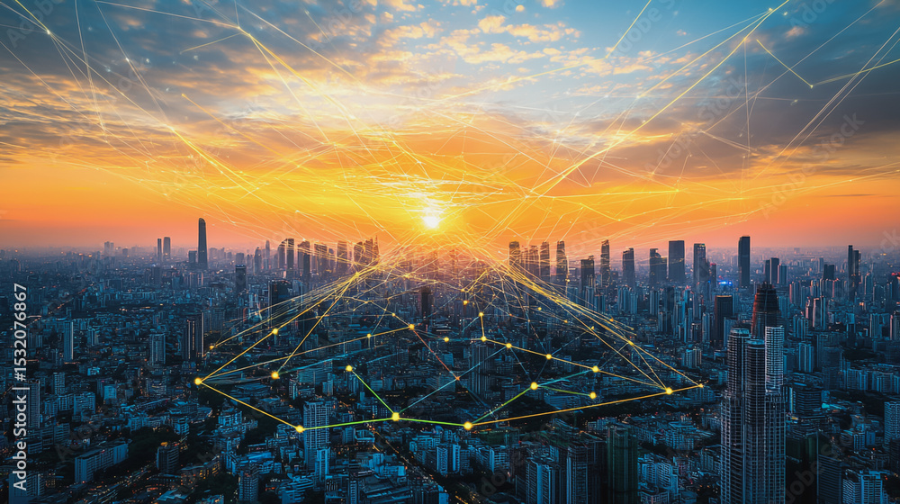 Obraz premium Smart city with connection network reciprocity over the cityscape social media networking systems that connects on the peak of success amid tall, innovative Smart city and graphs with statistics to a