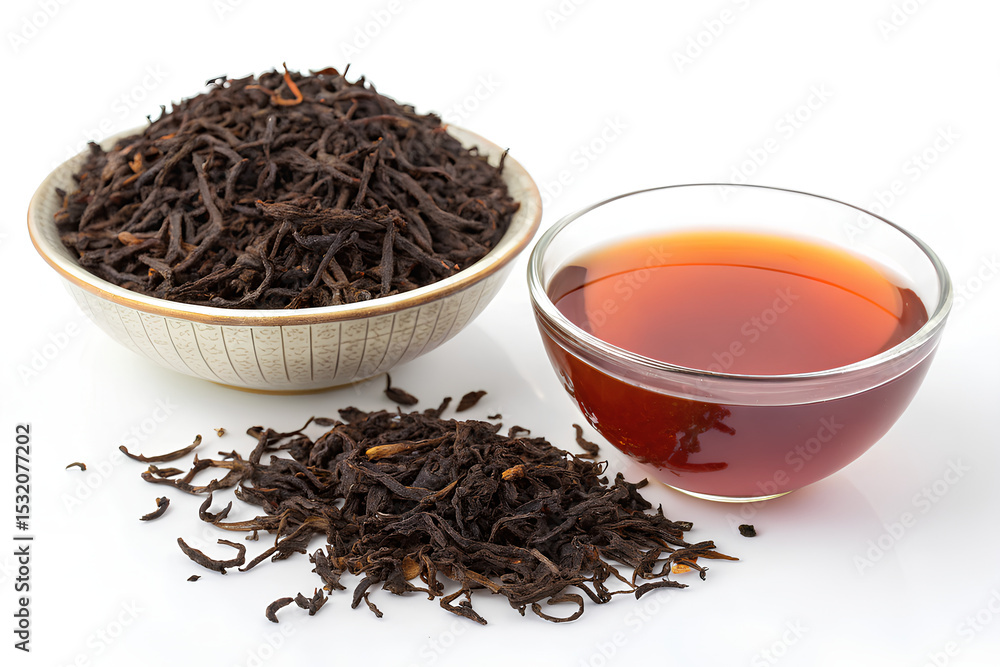 Fototapeta premium Top view of loose black tea leaves and a cup of brewed tea in white ceramic bowls on a clean white background.