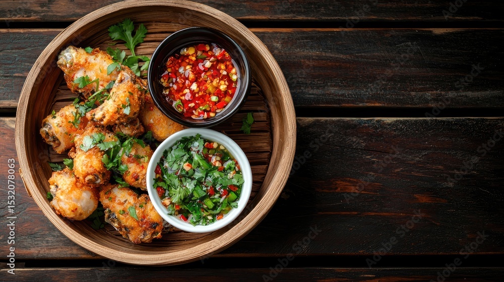 Delicious Spicy Chicken Wings with Dipping Sauces and Fresh Herbs Delicious Spicy Chicken Wings with Dipping Sauces and Fresh Herbs