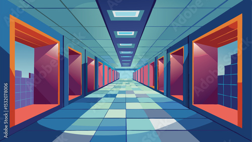 Perspective view illustration of a long hallway with doors in modern colorful style