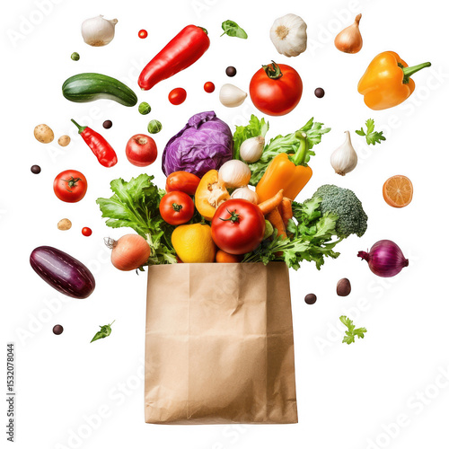 Fresh produce bursting from paper bag isolated on transparent background