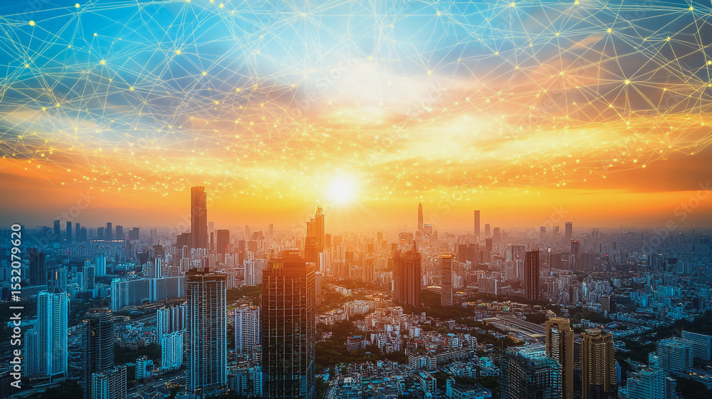 Fototapeta premium Smart city with connection network reciprocity over the cityscape social media networking systems that connects on the peak of success amid tall, innovative Smart city and graphs with statistics