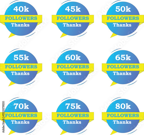 Followers bundle graphic from 40K to 80K with sky blue gradient, yellow, and white backgrounds. Editable vector design ideal for social media and marketing use.