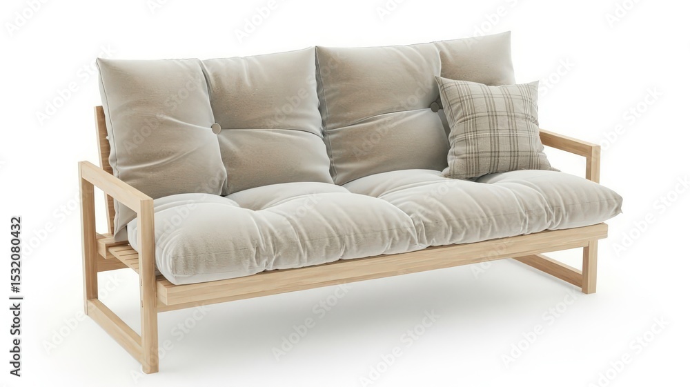 A contemporary sofa featuring beige cushions, wooden frame, and plaid accent pillow, perfect for stylish interiors. A contemporary sofa featuring beige cushions, wooden frame, and plaid accent pillow, perfect for stylish interiors.