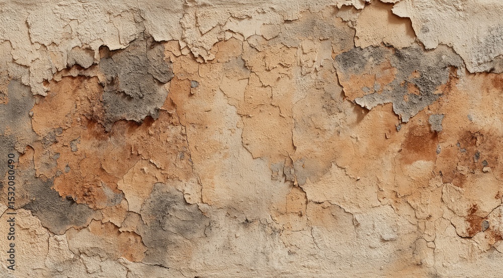 A panoramic view of a weathered wall, showcasing extensive flaking paint in varying shades of beige, brown, and gray, revealing the underlying texture A panoramic view of a weathered wall, showcasing extensive flaking paint in varying shades of beige, brown, and gray, revealing the underlying texture