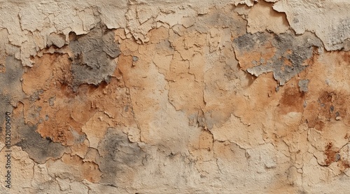 A panoramic view of a weathered wall, showcasing extensive flaking paint in varying shades of beige, brown, and gray, revealing the underlying texture