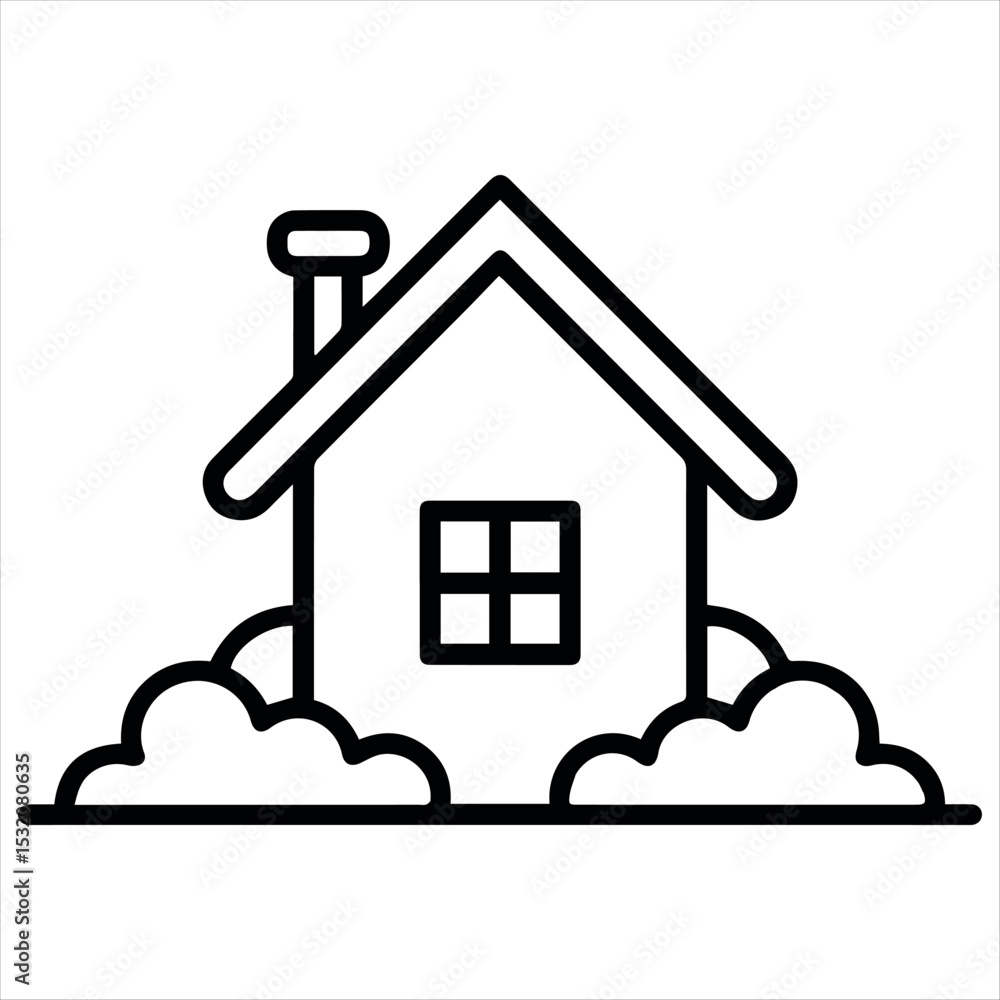 Fototapeta premium Simple House Icon with Chimney and Bushes in Black Outline Style
