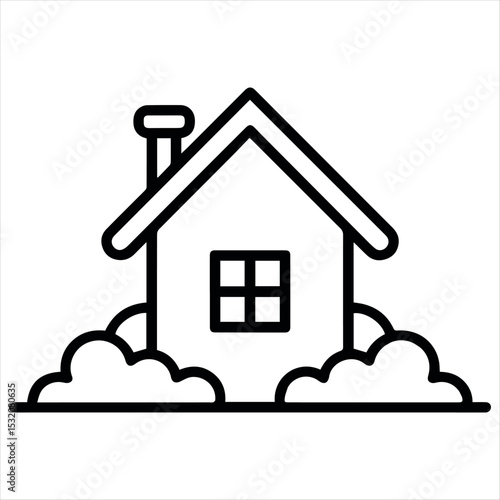 Simple House Icon with Chimney and Bushes in Black Outline Style