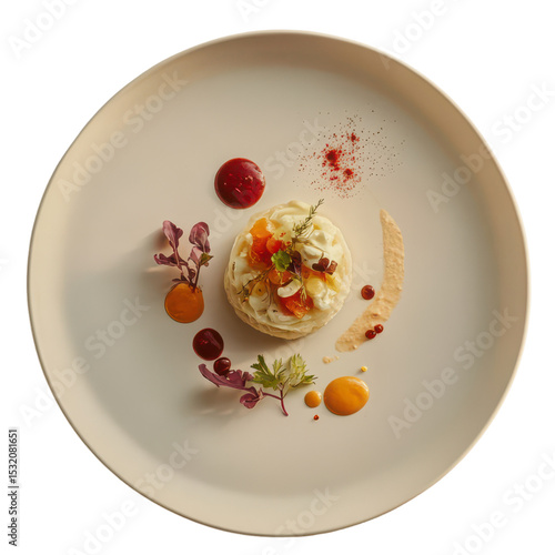 Artisan vegetable tart with colorful sauces and fresh herbs