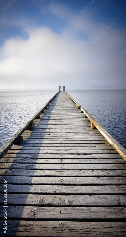 Naklejka premium Wooden pier extending into tranquil lake