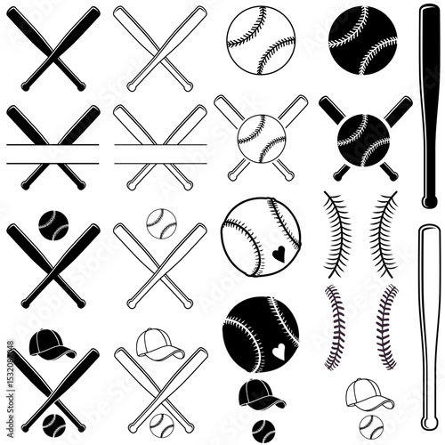 Baseball icon vector set. Baseball bat illustration sign collection. Sport symbol. Softball logo. Baseball Stitches web icons.
