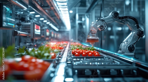 Automated food processing line with robotic arm.  A high-tech, modern food factory